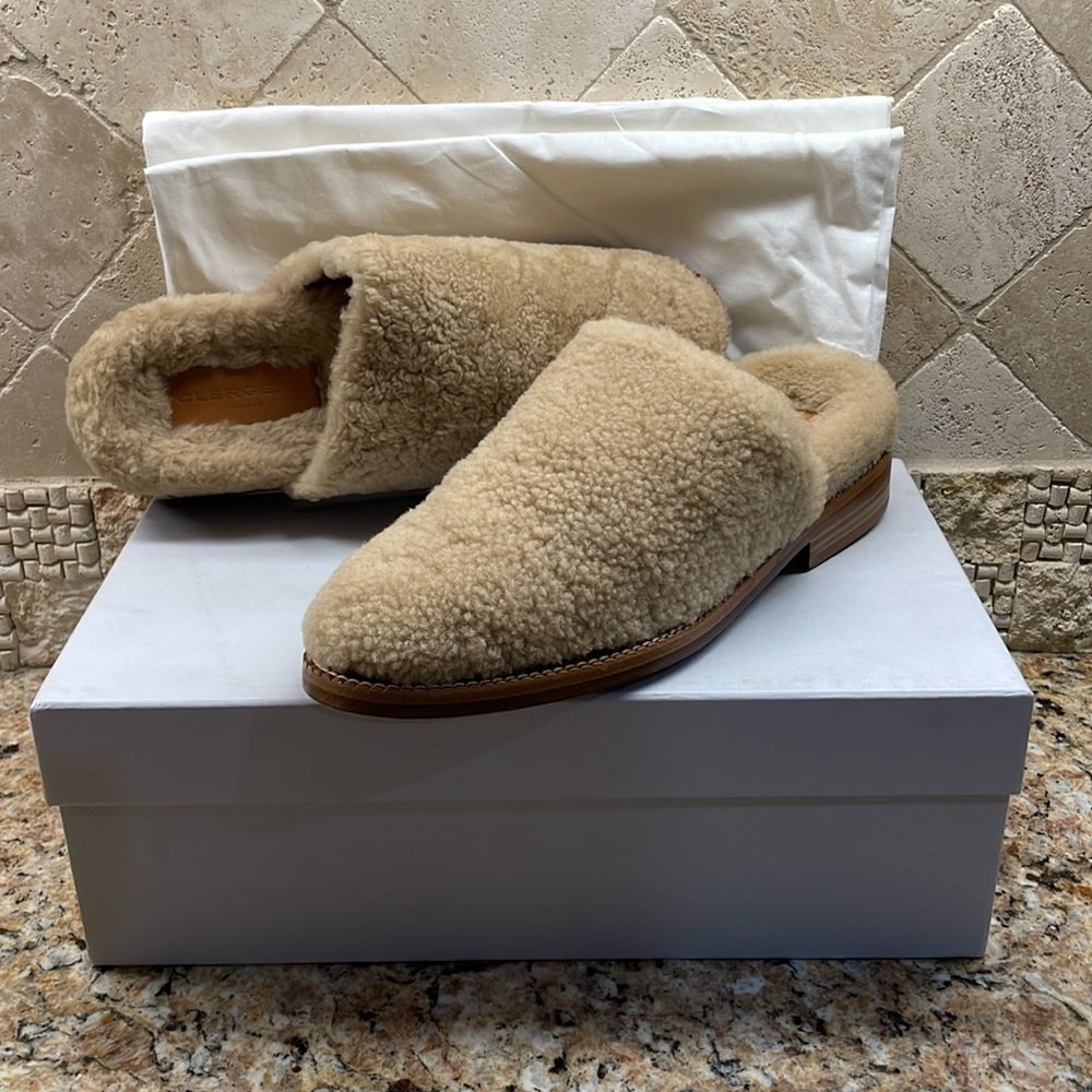 ROBERT CLERGERIE PARIS, GILLIEF, SHEARLING MULES, SIZE US 8.5, EU 38.5